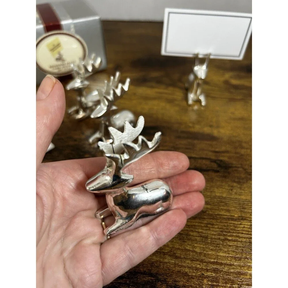 VTG Silver Plated Reindeer Place Card Holders Set of 4 with Blank Placecards